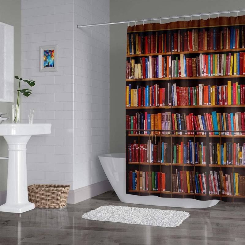 FAITOVE Library Bookcase Shower Curtain Sets Fabric, Polyester Waterproof Bathroom