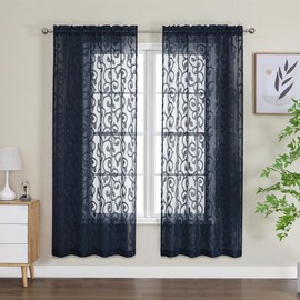 OWENIE Furman Sheer Curtains 63 inch Length for Bedroom Living Room 2 Panels Set, Light Filtering Solid Curtains & Drapes with Geometric Jacquard Clip, Soft Airy Rod Pocket Voile Curtain, 40Wx63L inch