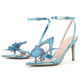 MissHeel Butterfly Heels for Women Blue High Heel Ankle Strap Stiletto-Heel with Butterflies Shoes Wedding Party Prom Size 8