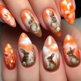 Almond Fake Nails Easter Press on Nails Orange False Nails Bunny Acrylic Nails Full Cover Glossy Glue on Nails Rabbit Cloud Flower Design Easter Spring Artificial Nails for Women Manicure Decorations