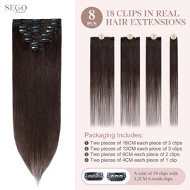 SEGOHAIR 8 PCS Hair Extensions Clip in Real Human Hair, 10 inch Thin Full Head Human Hair Extensions Straight - Darkest Brown(45g)