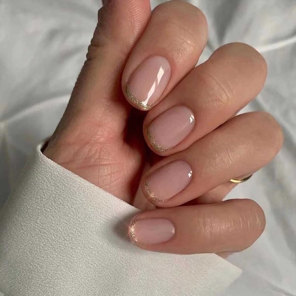 Juneyemo 24 Pieces French False Nails Shiny Square Short Heart