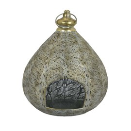 Benjara 18 Inch Decorative Lantern, Embossed Design, Tear Drop Shape, Gold Metal