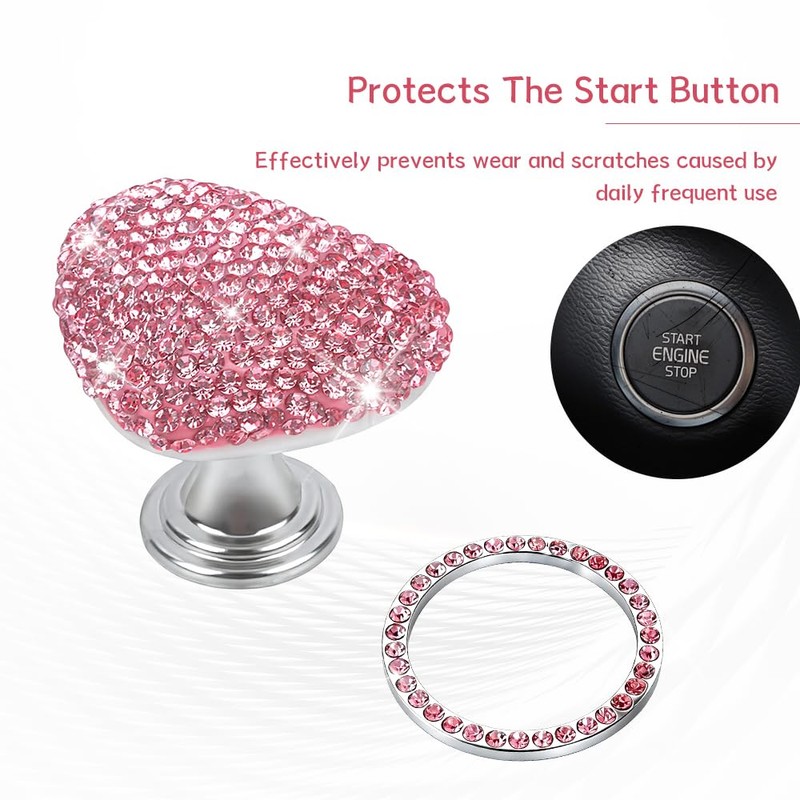 2 Pcs Bling Heart Car Start Button Cover Set Sparkling