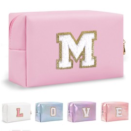 Yintry Makeup Bag Set Organizer Cotton Letter Cosmetic Pouch Large Capacity Travel Toiletry Bag Women Girls Birthday Gifts Portable Brush Storage Bag with Divider and Handle