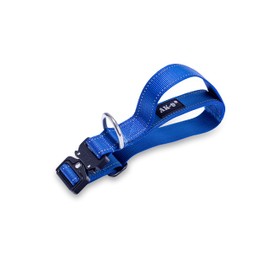 A K9 Bully Dog Tactical Combat Dog Collar with Control Handle, Military Grade Aluminium Heavy Duty Clasp, Welded Stainless Steel D Ring Reflective Webbing, Wide 32mm, Adjustable Small 35-44cm Blue