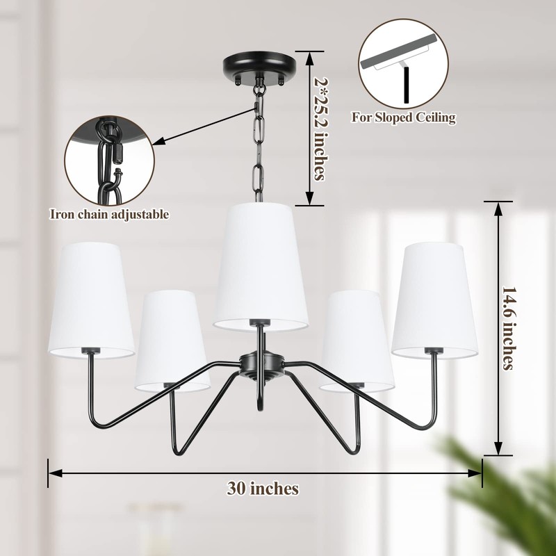 5-Light 30” Modern Chandelier with White Shades, Classic Pendant Ceiling