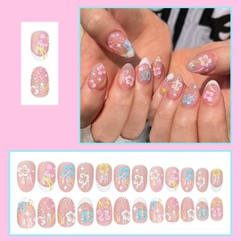 24Pcs Color Flowers Press on Nails Short Almond Fake Nails Press ons White French Tip Floral Nail Tips Glue on Nails Full Cover Artificial Acrylic False Nails Reusable Stick on Nails for Women