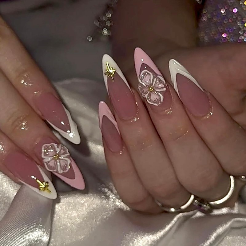 ASOMI 24 Pcs French Tip Embossed Flower Design Almond Shape