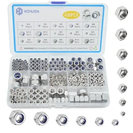WZHUIDA 430 Pieces Self-Locking Nuts and Hex Nuts Assortment, Stainless Steel Locking Nuts Set, Lock Nuts Hexagonal Screw Nuts, M2 M3 M4 M5 M6 M8 M10 M12 DIN985 DIN934