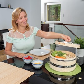 Dumpling Bamboo Steamer 10 Inch 2 Tier Wooden Basket With Handle, Reusable Silicone Liner, Kit For Cooking Baby Bao Bun, Dim Sum, Rice Potsticker Steaming Chinese Asian Food & Vegetables