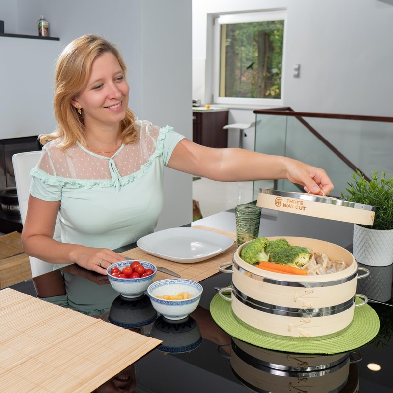 Dumpling Bamboo Steamer 10 Inch 2 Tier Wooden Basket With