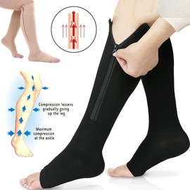 Zipper Compression Socks, Women's Medical Compression Socks with Open Foot for Men and Women, Medical Compression Stockings Class 2 for Running, Care, Sports (Black-M/L)