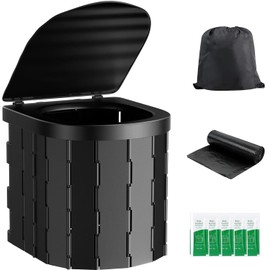 Portable Foldable Travel Toilet with 12 Packs of Waste Solidifier & 20 Disposable Clean-Up Bags – Compact, Lightweight, and Hygienic Solution for Camping, Hiking, and Emergency Use（Black）