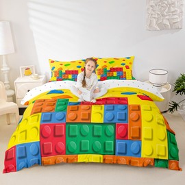 Feelyou - Juego de ropa de cama con estampado de bloques de construcción, tamaño individual, juego de funda de edredón para niños, adolescentes, colorida, funda de edredón transpirable, color
