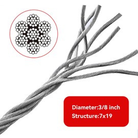 Winch Cable,Towing Cable Heavy Duty,with 2 Pick Thimble Eye,3/8 inch 7x19 Stranded Construction 13980 lbs Breaking Strength 100 Feet