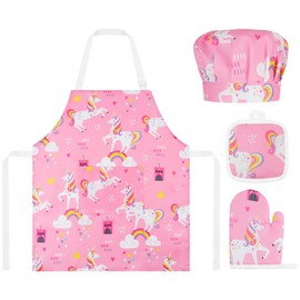 ABOHU Children's Apron and Chef's Hat Set, Adjustable Children's Cooking Apron with Pockets, Children's Apron for Painting, Kitchen Apron, Craft Aprons for 2-6 Years, Boys and Girls, 4 Pieces - Pink