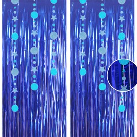 3.2x8.3ft Glitter Blue Tinsel Curtain Hanging Decorations Set, Door Tinsel Foil Fringe Curtain Backdrop Streamers Party Curtain for School Graduation Birthday Hen Photo Banner Xmas Party Decorations