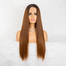 Brown Highlights Wigs for Women Long Straight Wig Lace Front Wigs Silky Soft Hair Heat Resistant Fiber Synthetic Wig Natural Fashion Middle Parting Wig 26 Inch