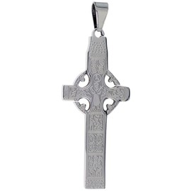 Sabrina Silver Stainless Steel Celtic Muiredach Cross Necklace, 2 inch Tall with 30 inch Chain