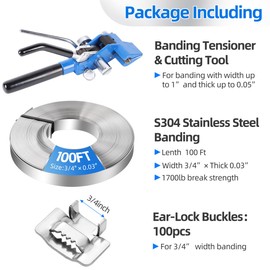 Steel Strapping Banding Kit, Heavy Duty Banding Tensioner & Cutting Tool for 3/4'' Width 100Feet Length 304 Stainless Steel Band Coil, 100pcs Steel Ear-Lokt Buckle