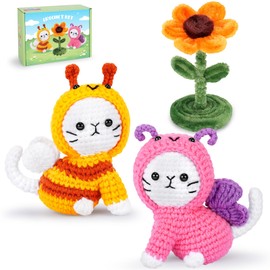 Crochet Kit for Beginners, 2PCS Bee and Butterfly Cats Crochet Animal Kit, Beginner Crochet Kit for Kid Adult, Learn to Crochet with Step-by-Step Video Tutorials, Crocheting Kit for Starter