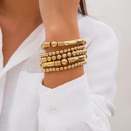 Fanquility 5Pcs Gold Beaded Bracelets 14K Gold Bracelets for Women Bracelet Stack Trendy Stretch Bead Bracelets Silver Bead Bracelet Dainty Jewelry for Women (Gold2)