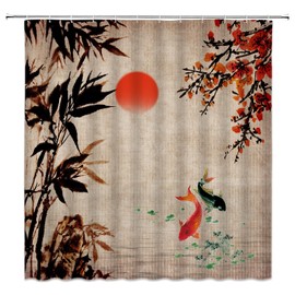 Japanese Shower Curtain Asian Red Plum Blossom Sun Koi Bamboo Tradition Painting Art Landscape Bathroom Curtains Decor Fabric Set Include Hooks,(70" WX70 H)