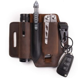 Gentlestache Multitool Sheath for Belt, Leather EDC Pocket Organizer for Men, Leatherman Sheath with Pen Holder, Key Fob, Flashlight Sheath, EDC Leather Pouch Dark Brown