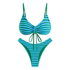ZAFUL Women's Bikini Sets Flocking Textured High Cut Ruched Swimsuit Colorful Stripes Drawstring Bathing Suit
