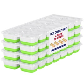 Ice Cube Tray with Lid and Bin, 4 Pack Premium 56pcs Stackable Silicone Plastic Ice Cube Trays for Freezer, BPA Free Ice Trays with Container/Bin, Scoop, Tong and SS Straw, for Drinks, Coffee, Beer