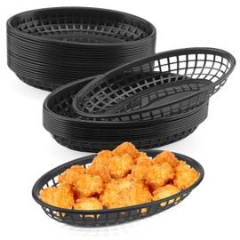 MUKCHAP 40 PCS Black Plastic Fast Food Basket, 23 x 14 x 4cm Oval Fast Food Baskets, Plastic Food Serving Baskets for Chip Sandwiches Burgers