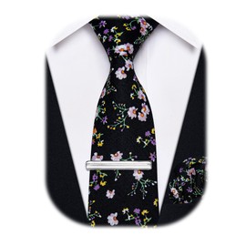 YourTies Black Cotton Floral Tie for Men 2.5" Printed Skinny Necktie Pocket Square Tie Clip Set Flower Wedding Groom
