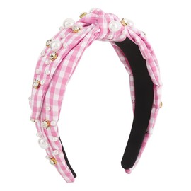 Women Lady Knotted Red Plaid Vintage Hair Band Pearl Rhinestone Decorative Headband Hair Ornament