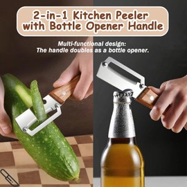 Peeler de vegetales multifuncional para cocina, pelador de frutas y vegetales 2 en 1 premium con abrebotellas y mango de madera, peladores de papa de acero inoxidable (2PCS)