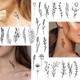 Acevegue Fake Tattoos for Women, 16 Sheets Black Temporary Tattoos for Women and Girls, Semi Permanent Tattoos Flower Tiny Branch Wild Plant Tattoo Stickers Body Art Decorations, 6.8 x 14 centimeters