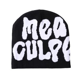 YUERFEILA Women Graphic Beanie Skull Hat MEA Culpa Y2K Knitted Beanie Warm Winter Hat for Gifts (Acrylic, MEA-Black & White)