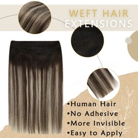 Ugeat Weft Hair Extensions Human Hair Brown Sew in Hair Extensions Dark Brown with Ash Blonde Balayage Hand Tied Weft Hair Extensions Double Weft 14inch 80G