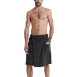 ANUFER Mens Adjustable Bath Towel Wrap - Wearable Towel Skirt with Pocket for Gym Shower Sauna Spa & Beach Cover Ups Black L