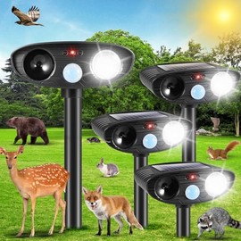 4Pack Ultrasonic Animal Repellent Outdoor Solar Animal Repellent with Motion Sensor&Strobe Light Cat Deterrent Outdoor Deer Repellent Device to Scare Raccoon Skunk Squirrel Rabbit Repellent for Yard