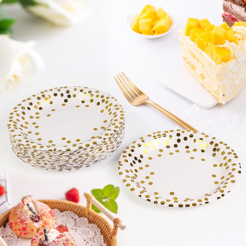 DHAIQC Pack of 50 White Gold Paper Plates, 23 cm,