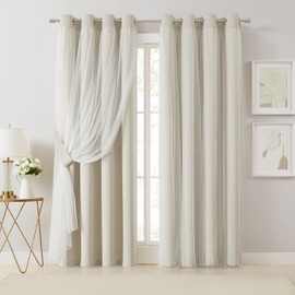 Bujasso Beige 90% Blackout Curtains with Sheer Overlay Mix and Match Double Layer Thermal Insulated Window Panels 84 inch for Living Room Bedroom Beige Drapes with Tiebacks Grommet Top 54" Wx84 Lx2