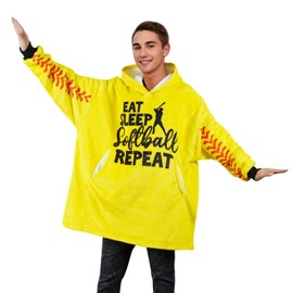Softball Gifts, Softball Gifts for Team, Wearable Blanket Hoodies for Adults, Oversized Flannel Hooded Blankets, Gifts for Birthday, Christmas, and so on, One Size Fits All Yellow