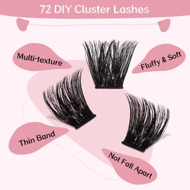 Cluster Eyelashes, Pack of 72 Individual Eyelashes, Eyelash Clusters, DIY Eyelash Extensions, Super-Thin Band, Reusable, Soft & Comfortable (Into You-02-D-8-16 Mix)