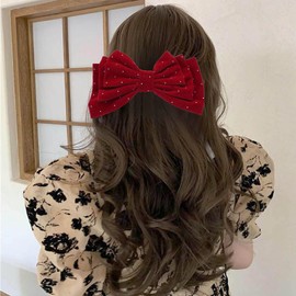Large Hair Bows for Women Glitter Bow Hair Clips Velvet Bow Clips Cute Hair Bow Clips French Bow Crystal Bows Party Wedding Barrette Bowknot Hair Accessories Red