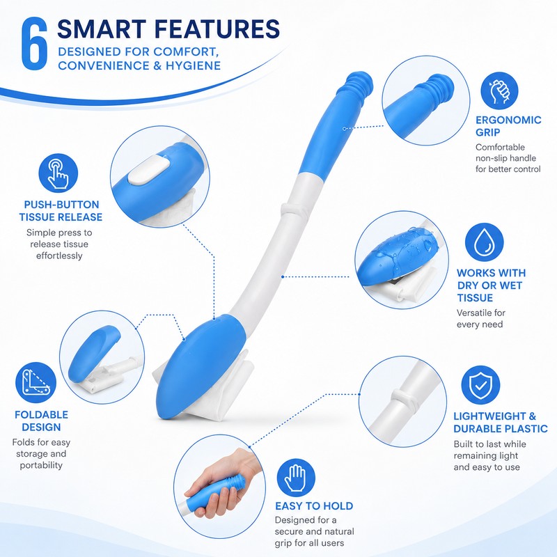 Long-Handle Self-Wipe Aid for Personal Hygiene – Foldable Toilet Tissue