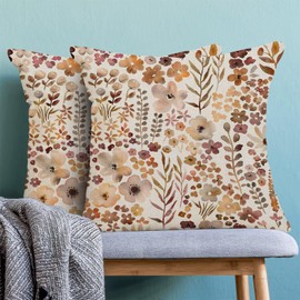 Fall Watercolor Pillow Covers 18x18 Inch Set of 2, Autumn Cute Floral Flower Decorative Throw Pillowcase Botanical Plant Herbs Art Printed Cushion Cover for Sofa Couch Living Room Bed Decor