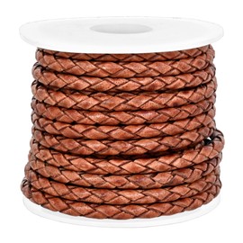 GENIQUE Real/Genuine Round Braided Leather Cord String Rope Folded, Leather Rope for Crafts, Jewelry Making, Necklace, Bracelets (5 Metres) (3mm, Light Brown Distressed)