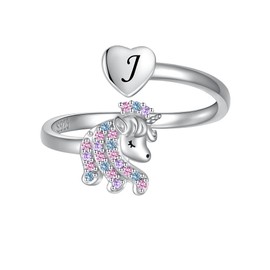 zaxsj Sterling Silver Initial Unicorn Ring 925 Adjustable Cute Cubic Zirconia Rainbow Initial letter Unicorn Rings for Women Daughter Granddaughter Gifts Jewelry (J)
