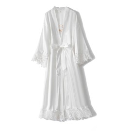 VOGUEMAX Womens Lace Trim Bride Bridesmaid Robe Long Sleepwear Getting Ready of Wedding Silky Kimono Robe